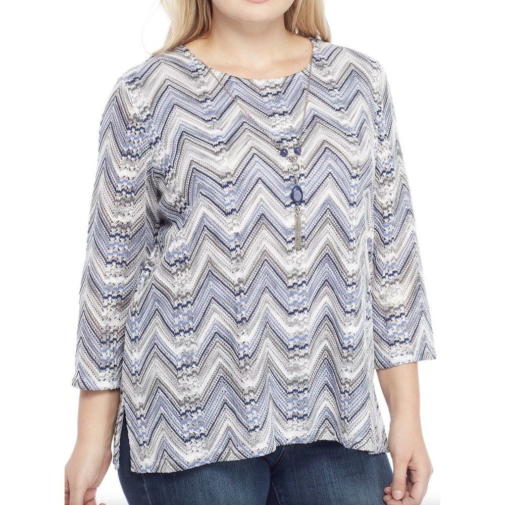 Alfred Dunner NWT Blue Gray Lace Zigzag 2pc Necklace Blouse Womens Plus Size 2X